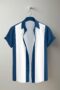 MANSLOOK Casual Short Sleeve Button Up Shirt, Navy Blue and White Vertical Stripes, Summer Beach Wear