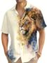 MANSLOOK Watercolor Lion Print Button-Down Shirt, Short Sleeve, Casual Summer Wear, White