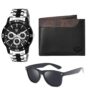 MANSLOOK Gift Combo Set for Men | Stylish Steel Analog Watch, PU Leather Wallet & UV Sunglasses | Gift Box for Birthday, Anniversary, Corporate Gifting